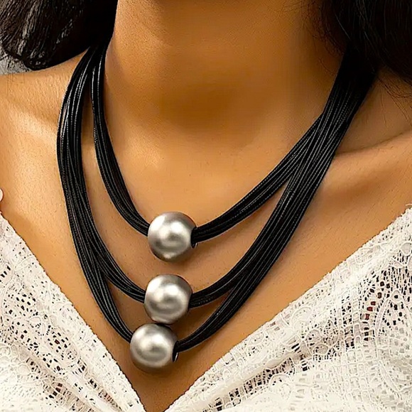 Multilayer Silver Black Ball Statement Necklace - Picture 3 of 9